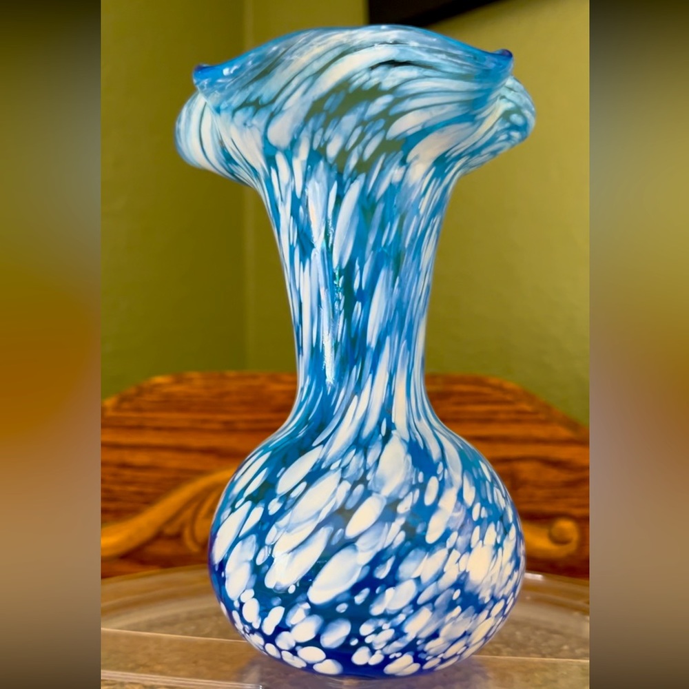 Hand-Blown Italy Murano Style Blue & White Spatter Vase Ruffled Rim Studio Vase